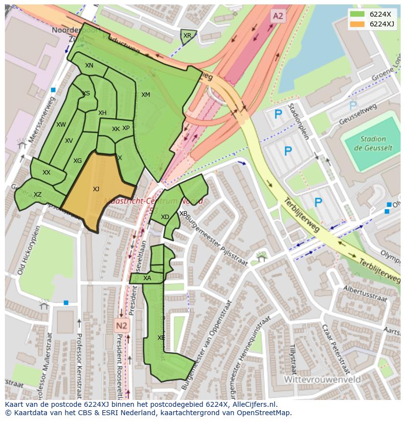 Afbeelding van het postcodegebied 6224 XJ op de kaart.