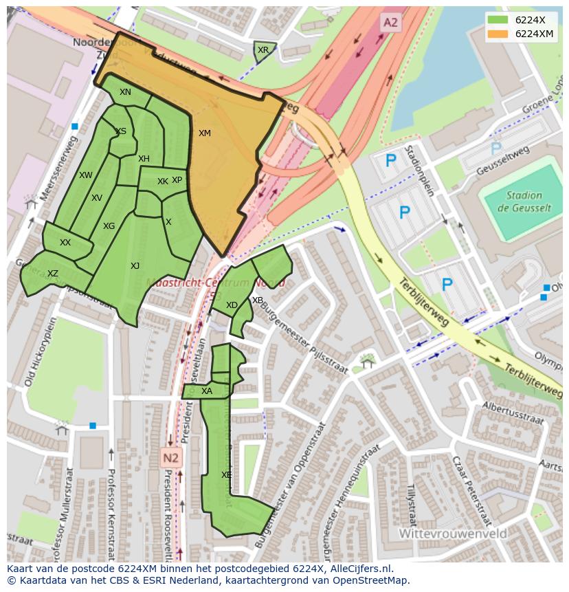 Afbeelding van het postcodegebied 6224 XM op de kaart.