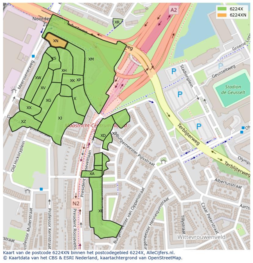 Afbeelding van het postcodegebied 6224 XN op de kaart.