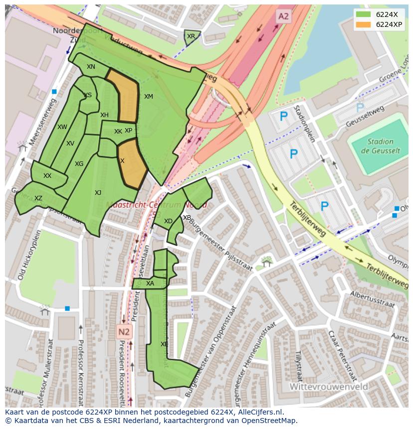 Afbeelding van het postcodegebied 6224 XP op de kaart.