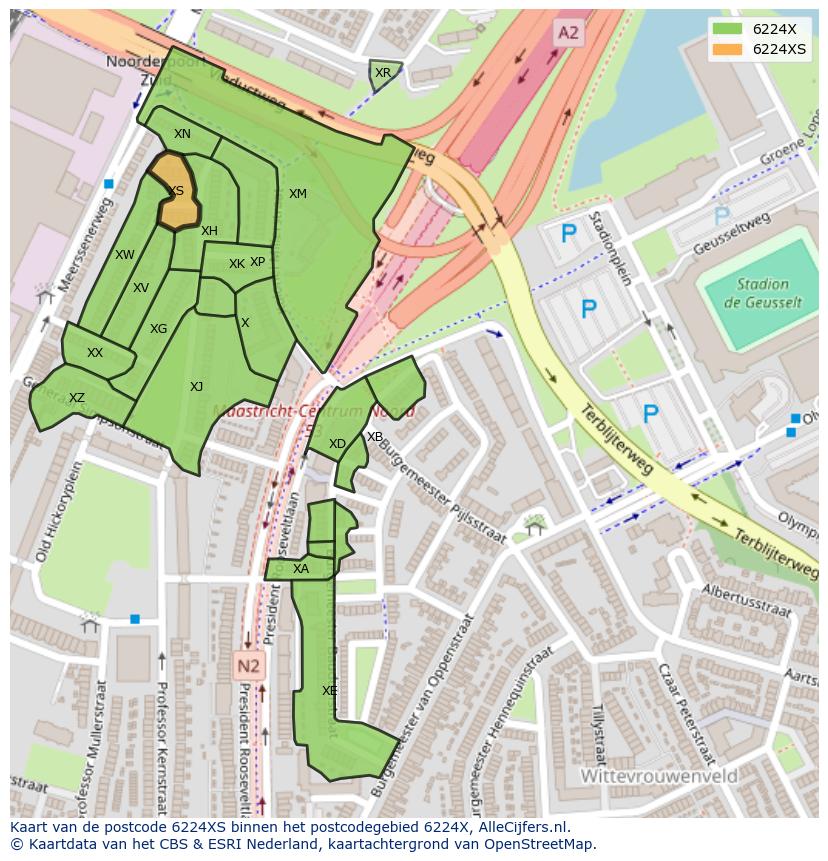 Afbeelding van het postcodegebied 6224 XS op de kaart.