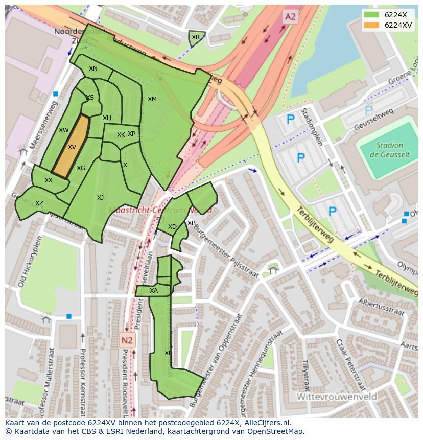Afbeelding van het postcodegebied 6224 XV op de kaart.