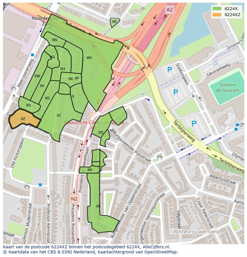Afbeelding van het postcodegebied 6224 XZ op de kaart.