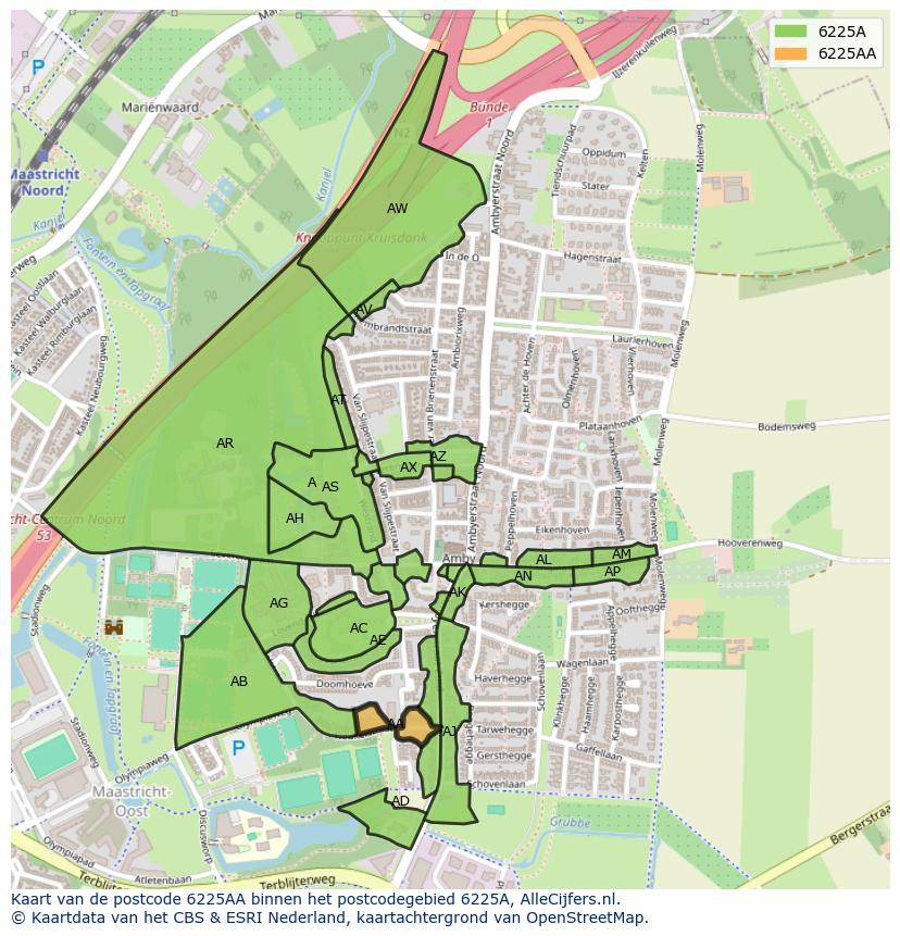 Afbeelding van het postcodegebied 6225 AA op de kaart.