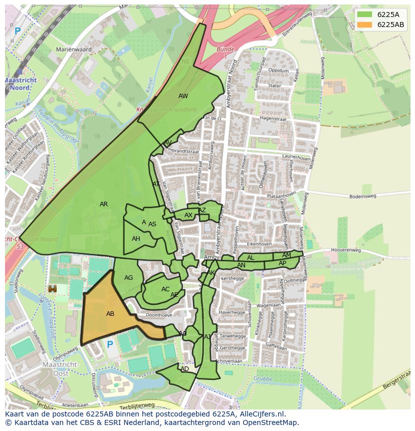 Afbeelding van het postcodegebied 6225 AB op de kaart.