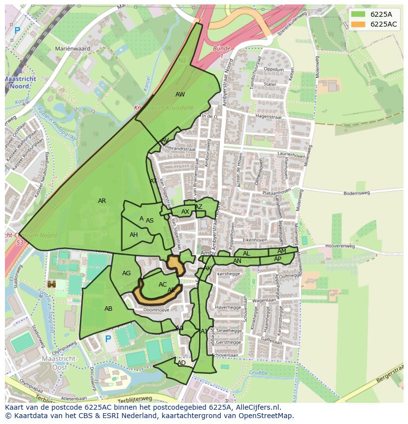 Afbeelding van het postcodegebied 6225 AC op de kaart.