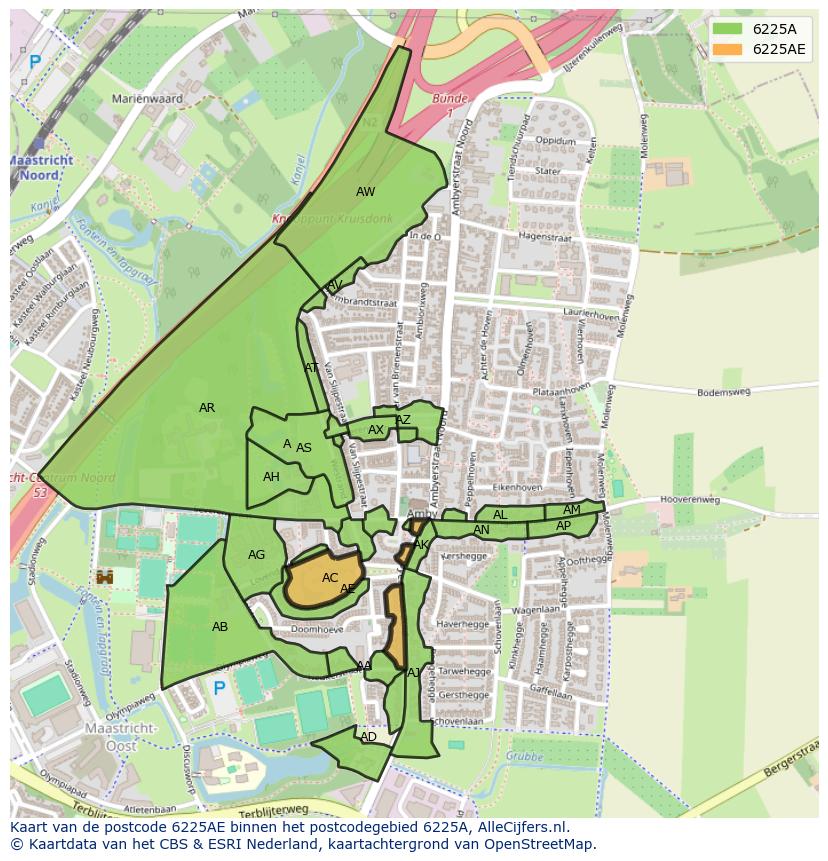 Afbeelding van het postcodegebied 6225 AE op de kaart.