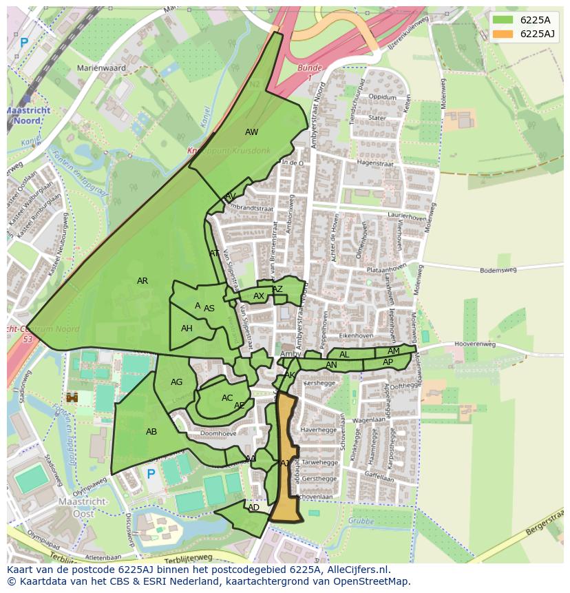 Afbeelding van het postcodegebied 6225 AJ op de kaart.