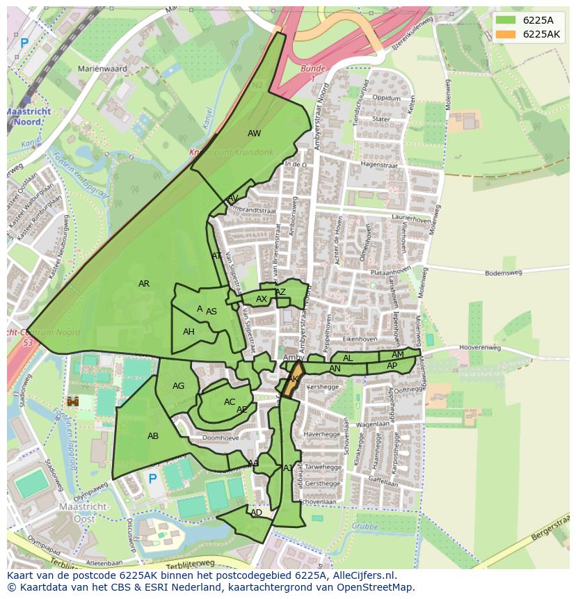 Afbeelding van het postcodegebied 6225 AK op de kaart.