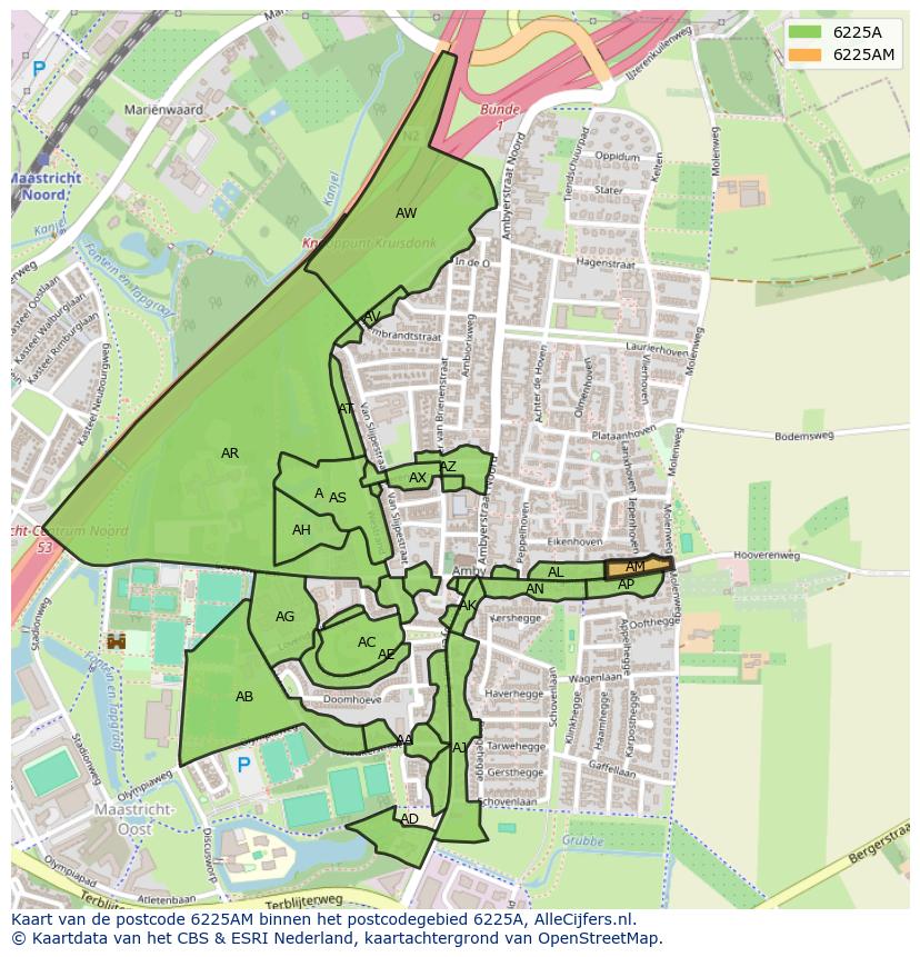 Afbeelding van het postcodegebied 6225 AM op de kaart.