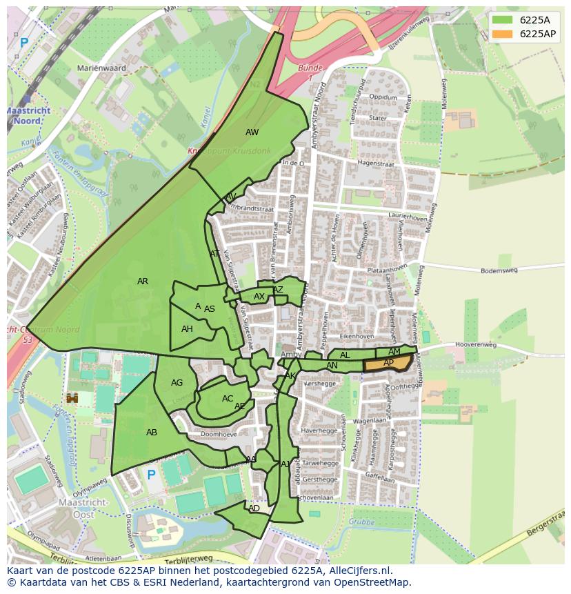 Afbeelding van het postcodegebied 6225 AP op de kaart.