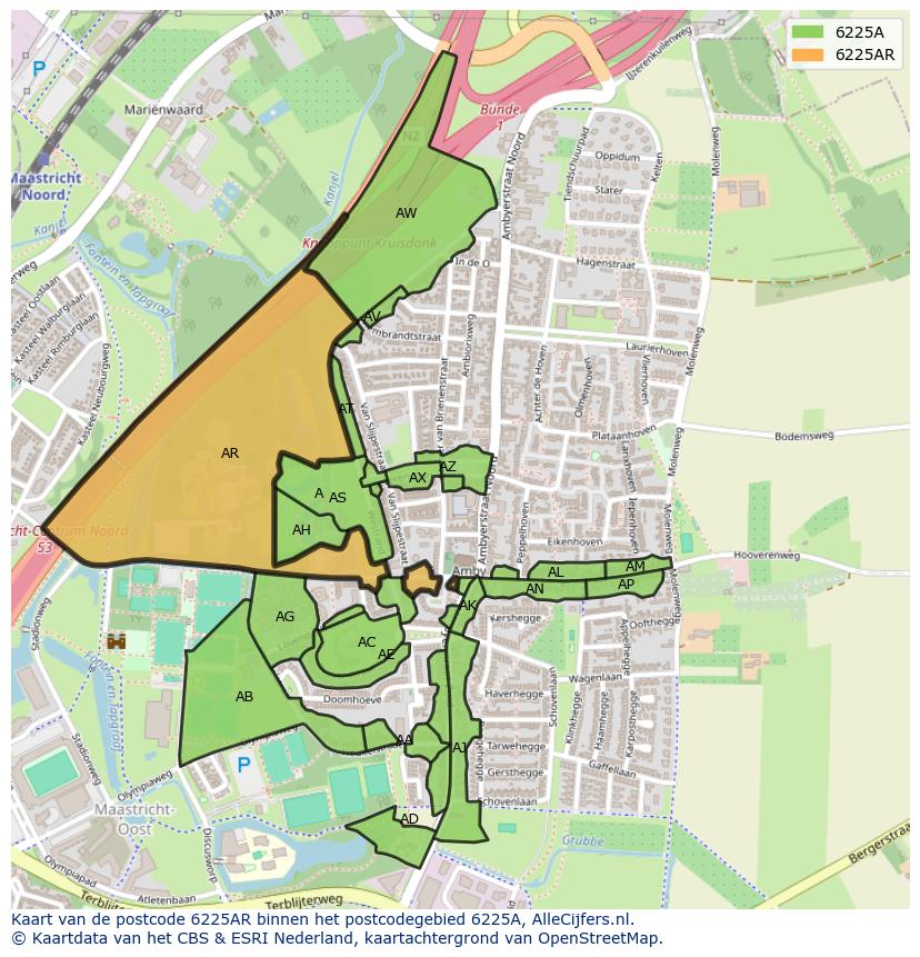 Afbeelding van het postcodegebied 6225 AR op de kaart.