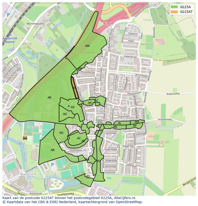 Afbeelding van het postcodegebied 6225 AT op de kaart.