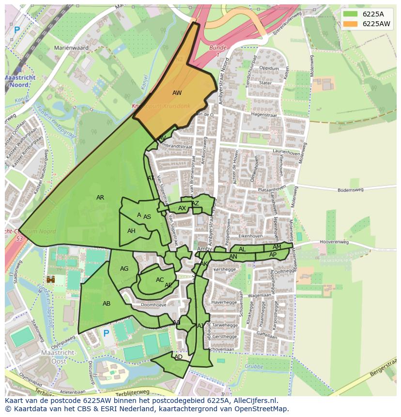 Afbeelding van het postcodegebied 6225 AW op de kaart.