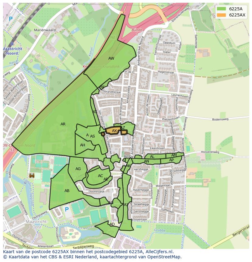 Afbeelding van het postcodegebied 6225 AX op de kaart.