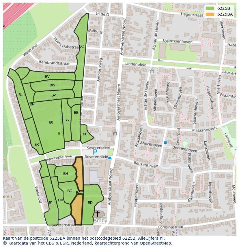 Afbeelding van het postcodegebied 6225 BA op de kaart.