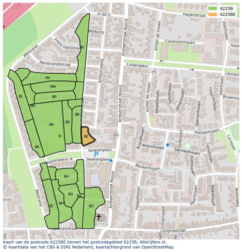 Afbeelding van het postcodegebied 6225 BE op de kaart.