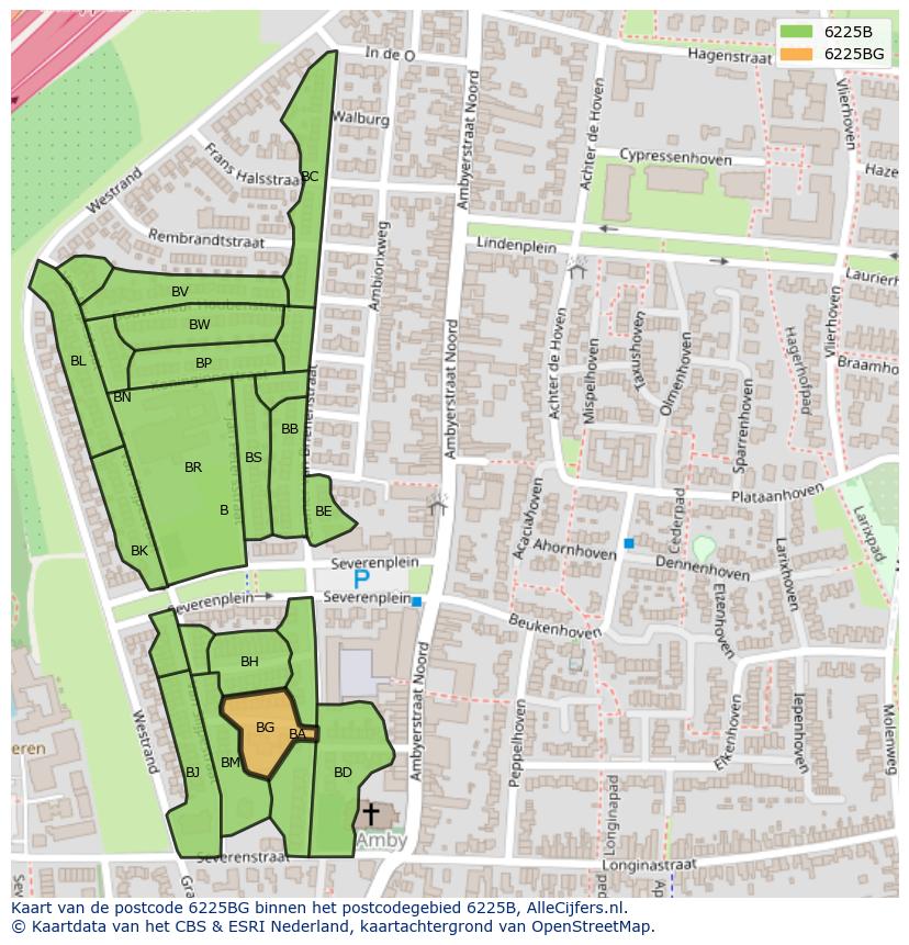 Afbeelding van het postcodegebied 6225 BG op de kaart.