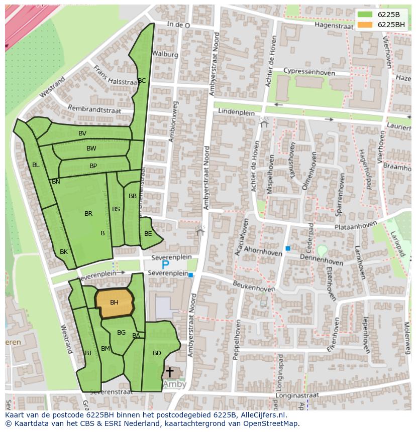 Afbeelding van het postcodegebied 6225 BH op de kaart.