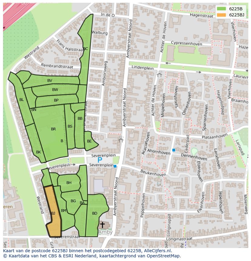 Afbeelding van het postcodegebied 6225 BJ op de kaart.