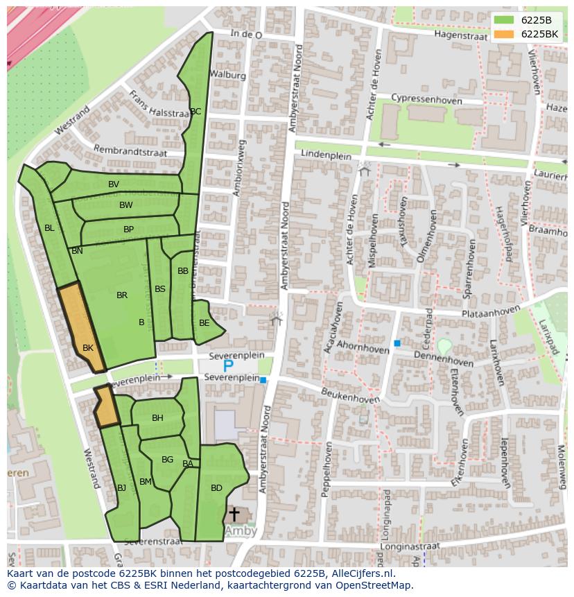 Afbeelding van het postcodegebied 6225 BK op de kaart.