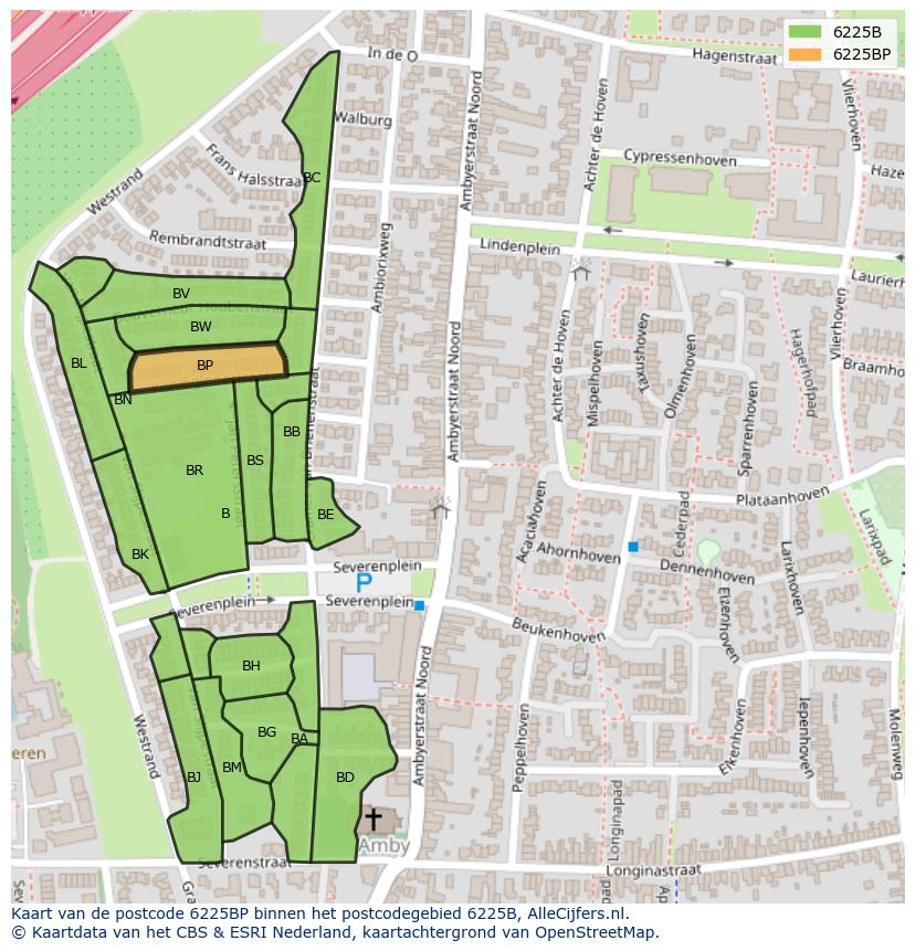 Afbeelding van het postcodegebied 6225 BP op de kaart.