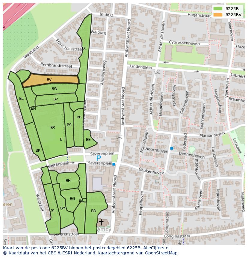 Afbeelding van het postcodegebied 6225 BV op de kaart.