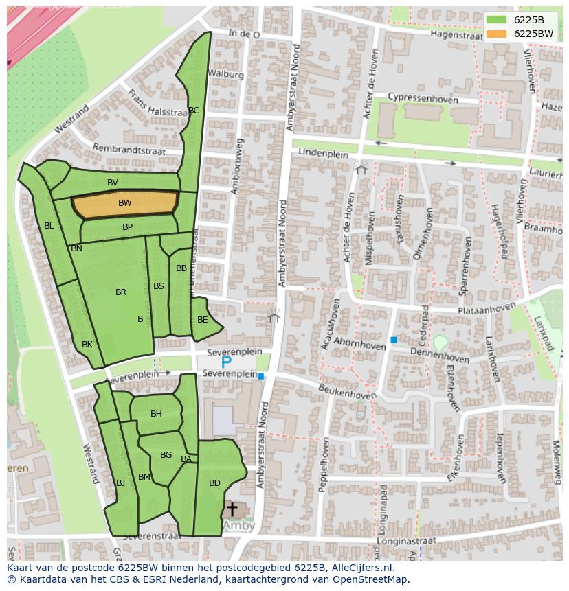 Afbeelding van het postcodegebied 6225 BW op de kaart.