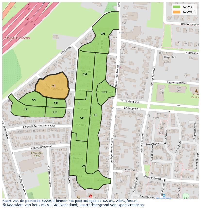 Afbeelding van het postcodegebied 6225 CE op de kaart.