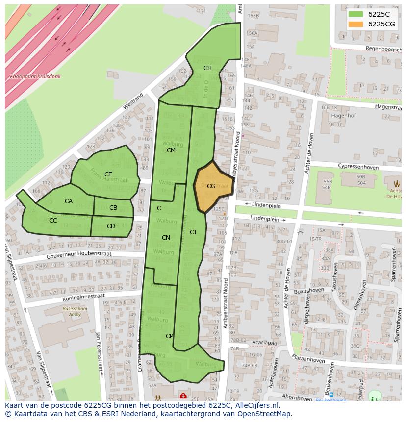 Afbeelding van het postcodegebied 6225 CG op de kaart.