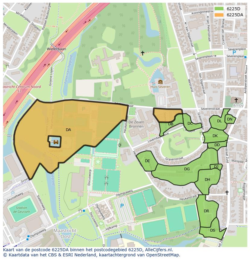 Afbeelding van het postcodegebied 6225 DA op de kaart.