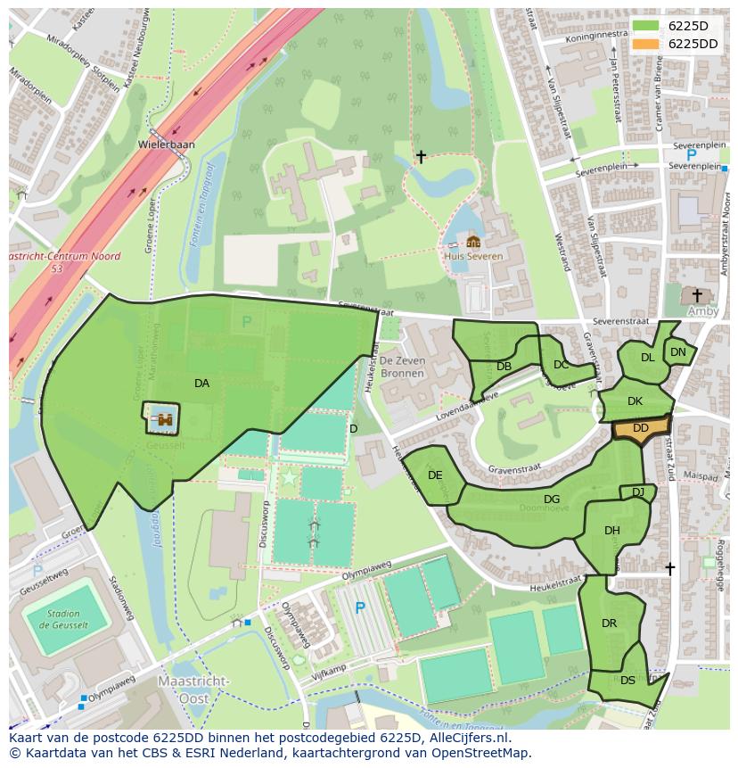 Afbeelding van het postcodegebied 6225 DD op de kaart.