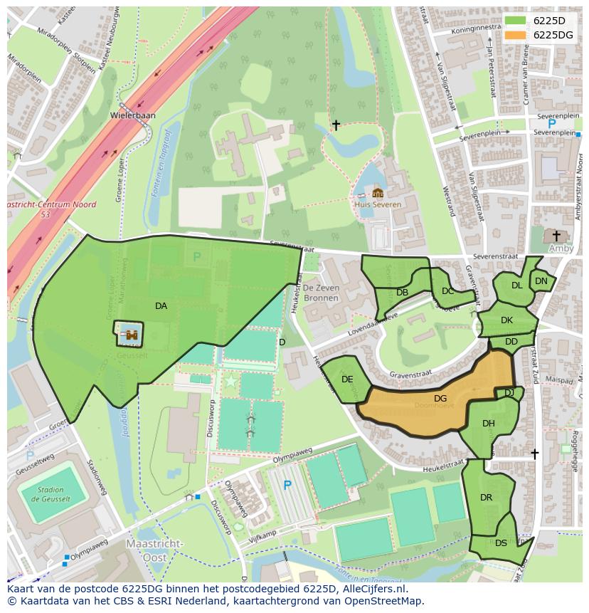 Afbeelding van het postcodegebied 6225 DG op de kaart.
