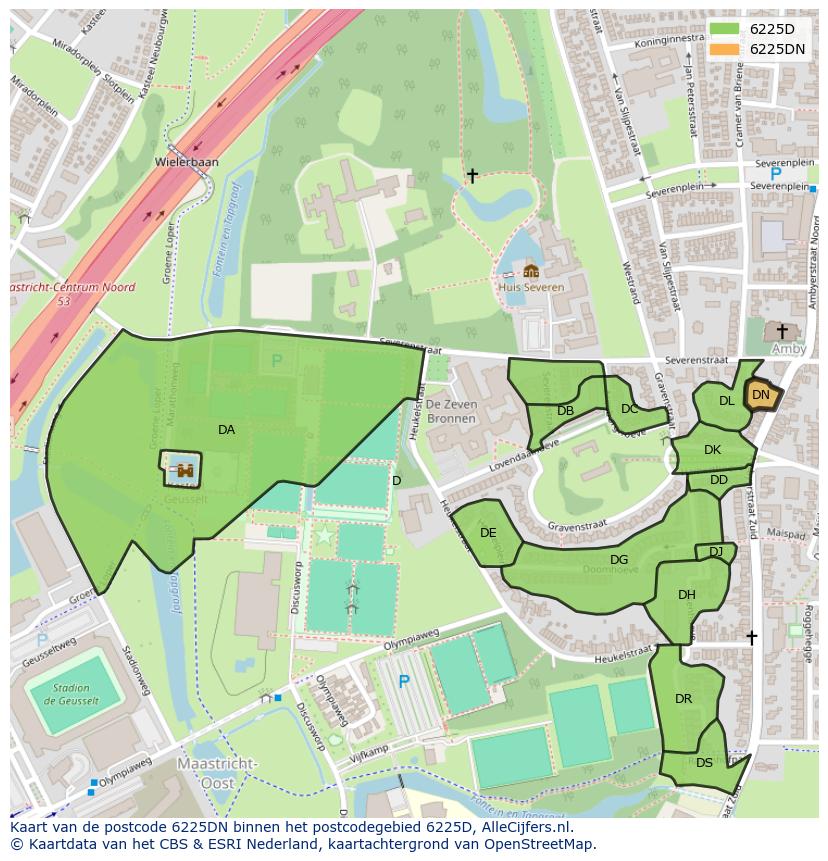 Afbeelding van het postcodegebied 6225 DN op de kaart.