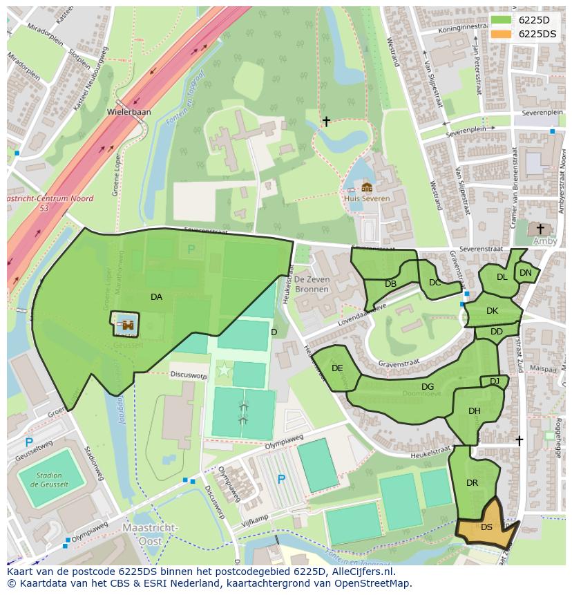 Afbeelding van het postcodegebied 6225 DS op de kaart.