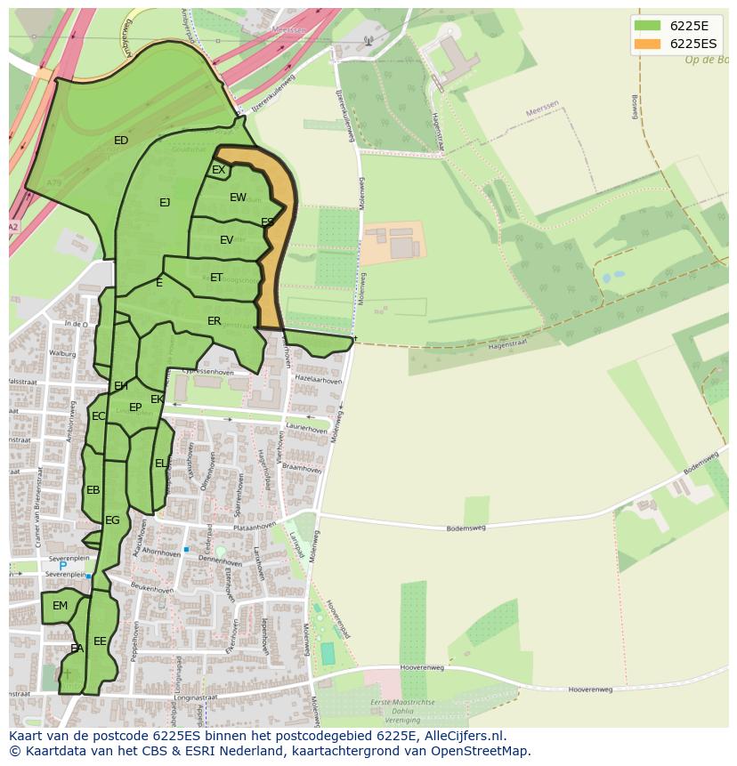 Afbeelding van het postcodegebied 6225 ES op de kaart.