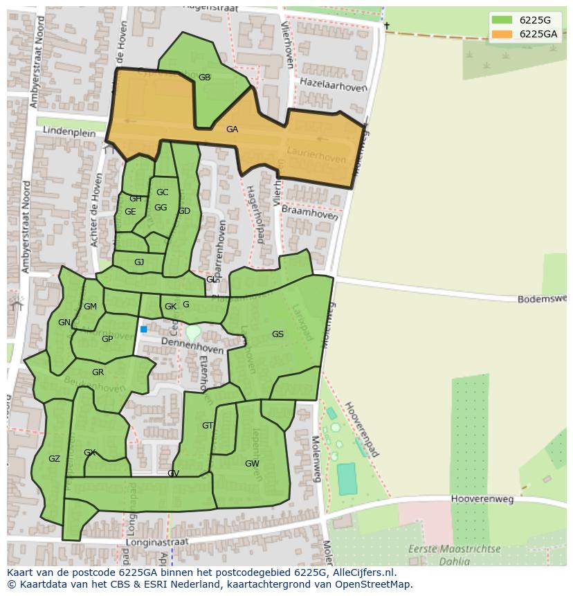 Afbeelding van het postcodegebied 6225 GA op de kaart.