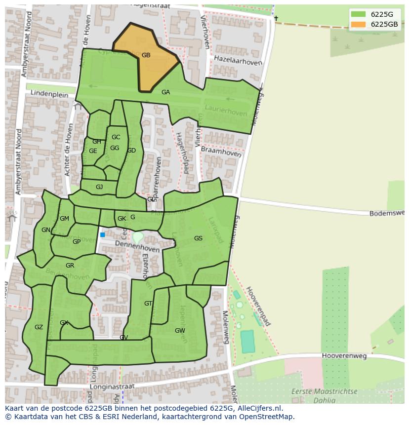 Afbeelding van het postcodegebied 6225 GB op de kaart.