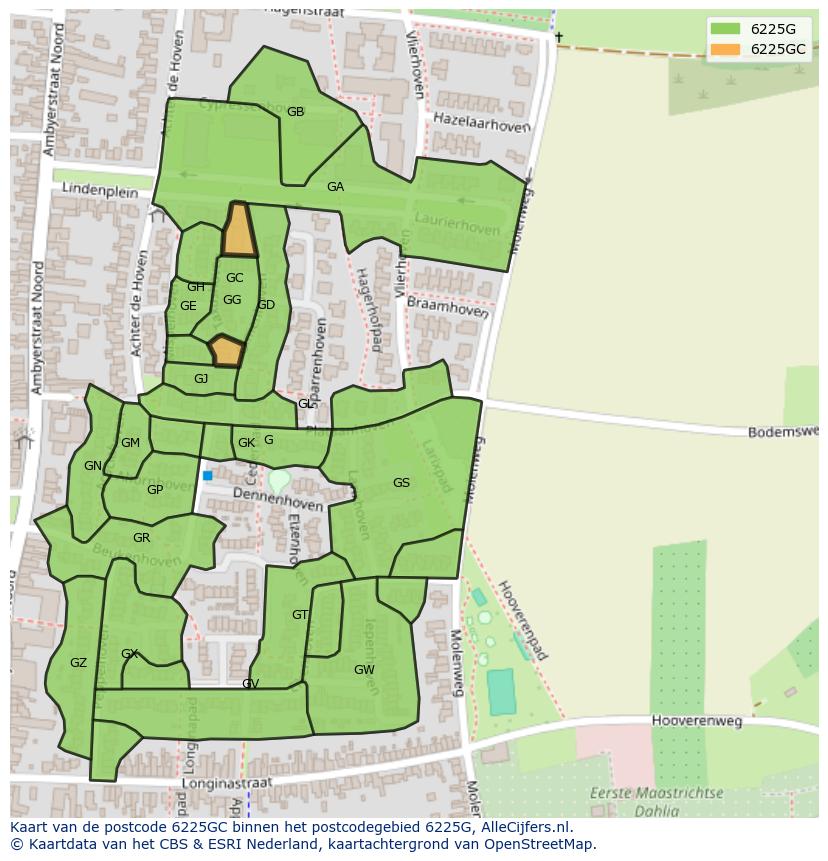 Afbeelding van het postcodegebied 6225 GC op de kaart.