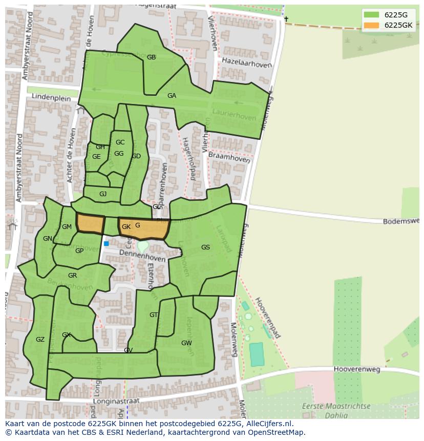 Afbeelding van het postcodegebied 6225 GK op de kaart.