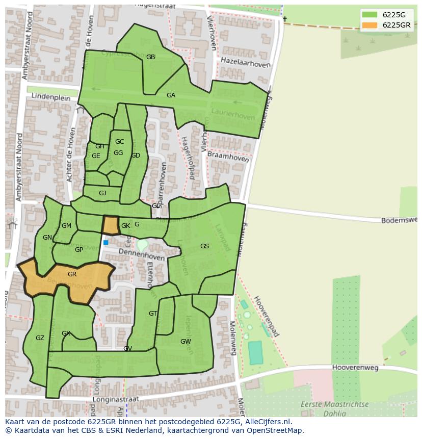 Afbeelding van het postcodegebied 6225 GR op de kaart.