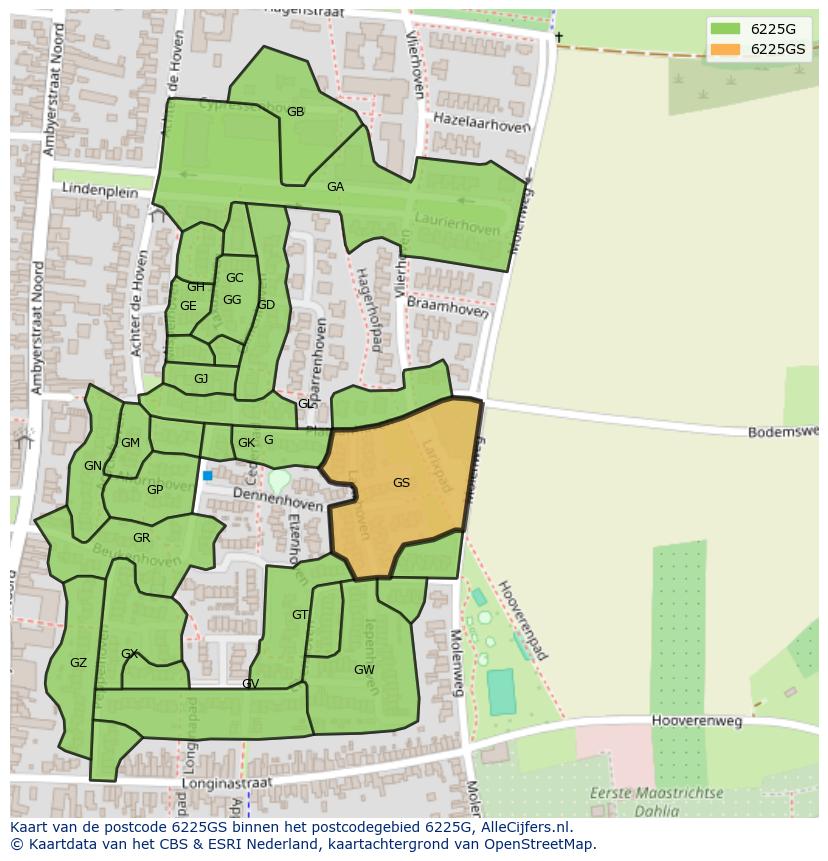 Afbeelding van het postcodegebied 6225 GS op de kaart.