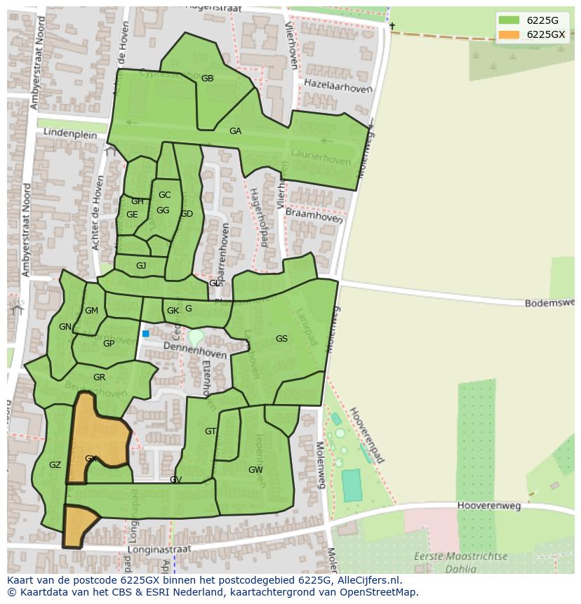 Afbeelding van het postcodegebied 6225 GX op de kaart.