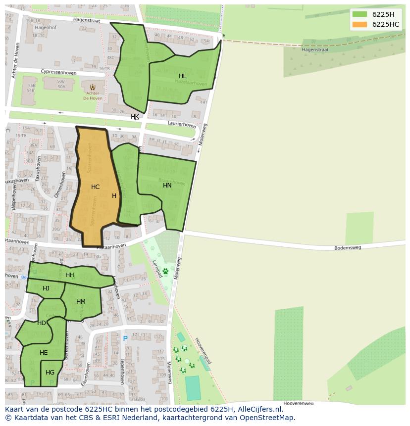Afbeelding van het postcodegebied 6225 HC op de kaart.