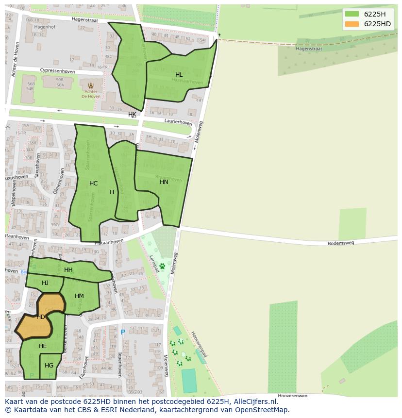 Afbeelding van het postcodegebied 6225 HD op de kaart.