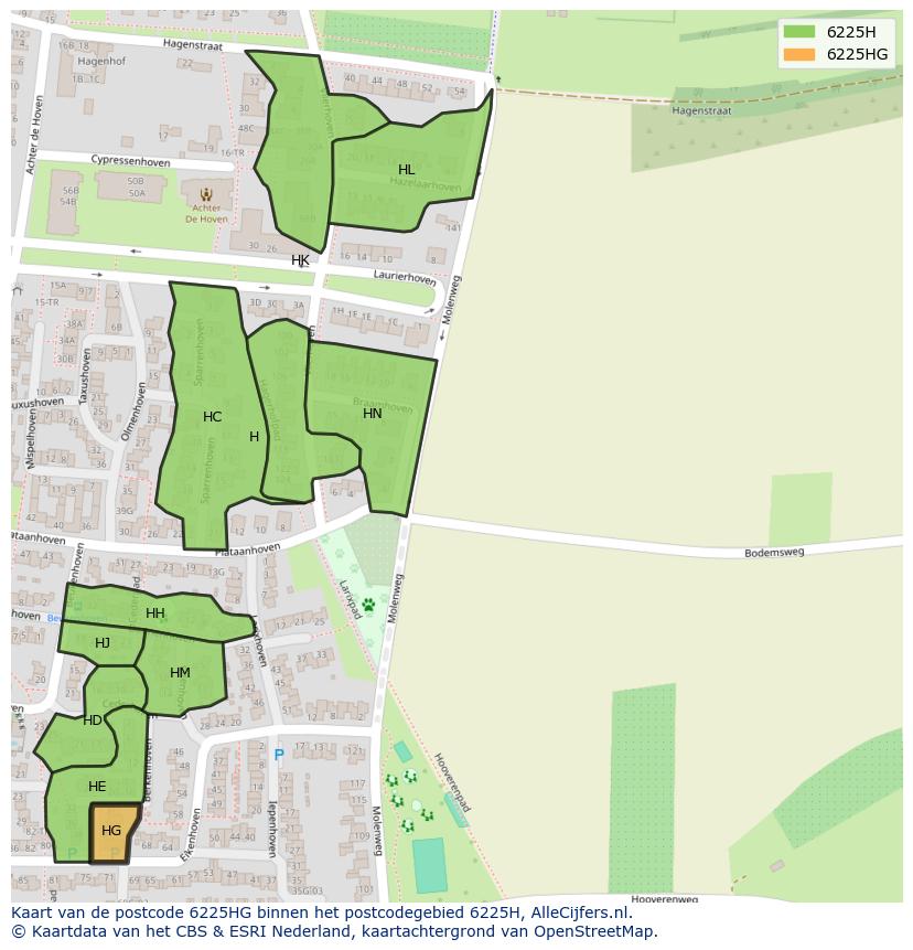 Afbeelding van het postcodegebied 6225 HG op de kaart.