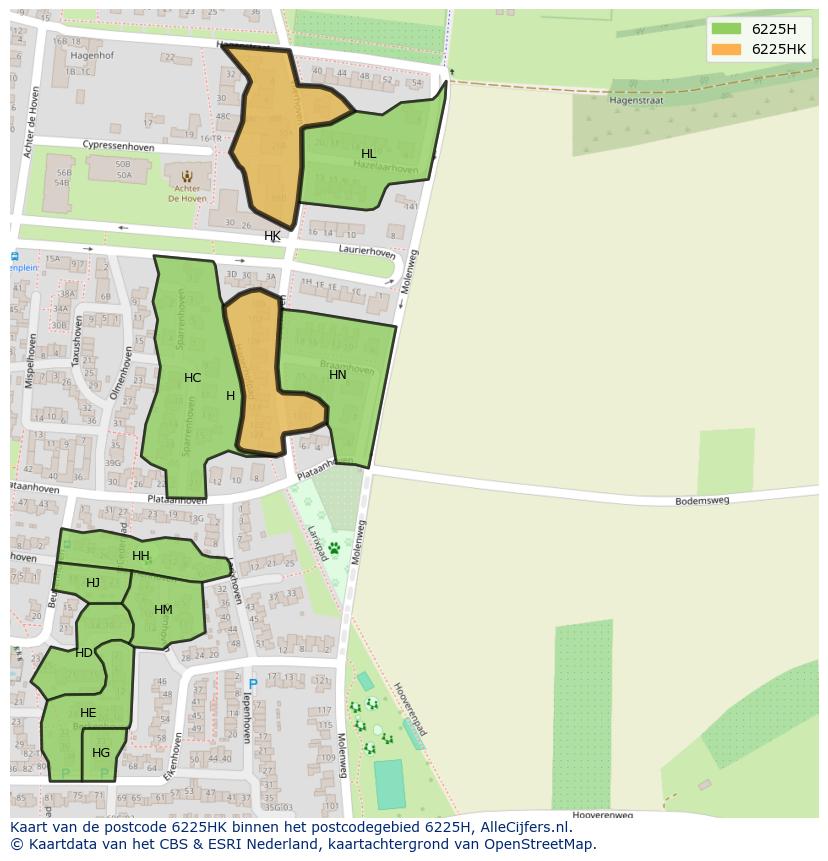 Afbeelding van het postcodegebied 6225 HK op de kaart.