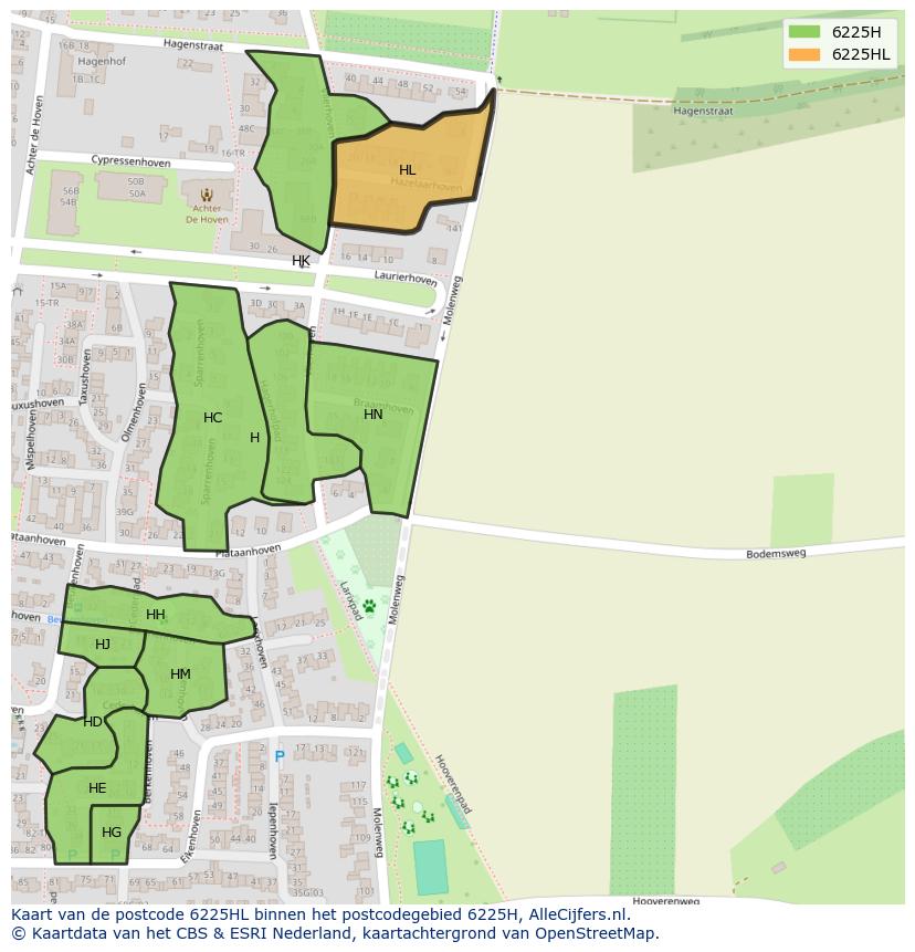 Afbeelding van het postcodegebied 6225 HL op de kaart.
