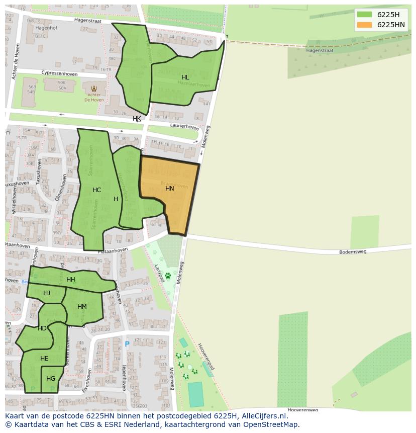 Afbeelding van het postcodegebied 6225 HN op de kaart.