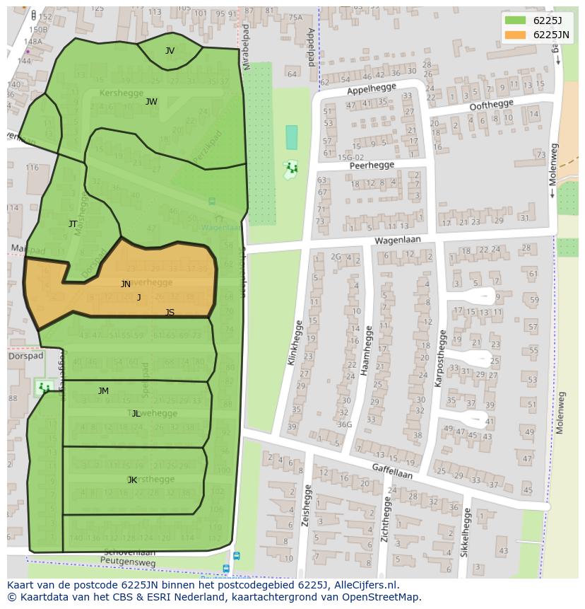 Afbeelding van het postcodegebied 6225 JN op de kaart.